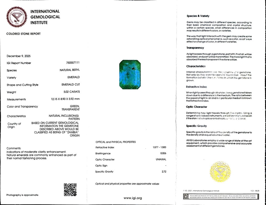 Bez ceny minimalnej
Szmaragd - 5.02 ct - International Gemological Institute (IGI) #2.1