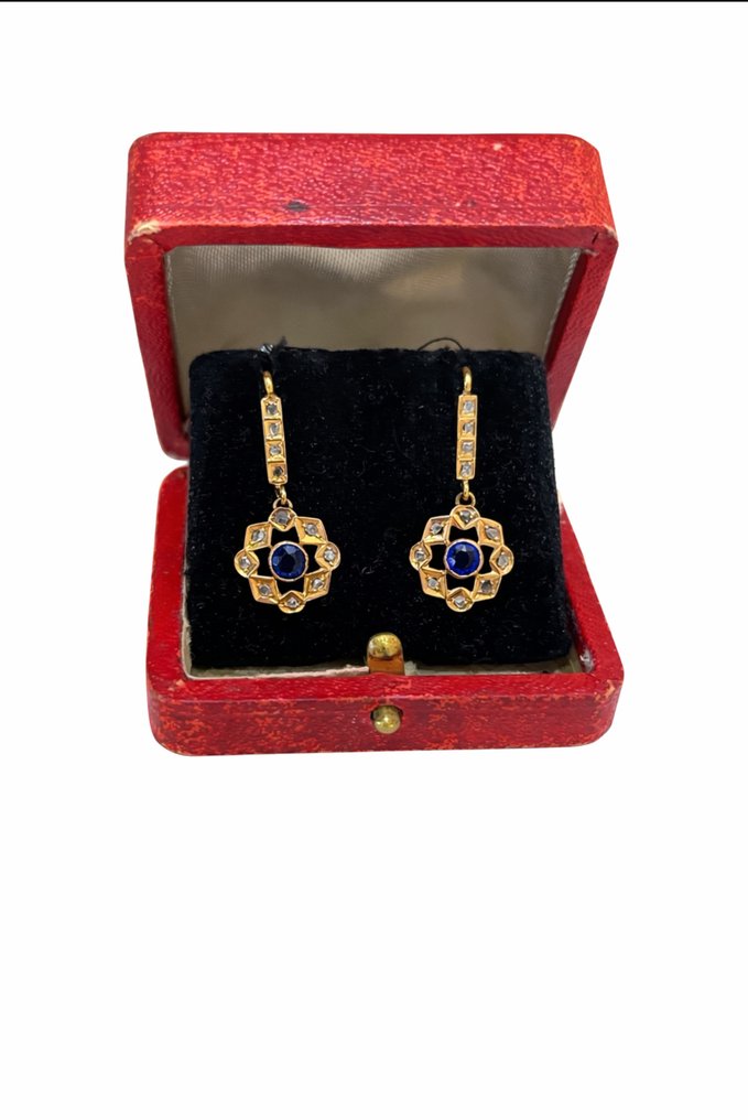吊式耳環 - 18 克拉 黃金 藍寶石 - 鉆石 - 古老的 Original 盒子 #3.2