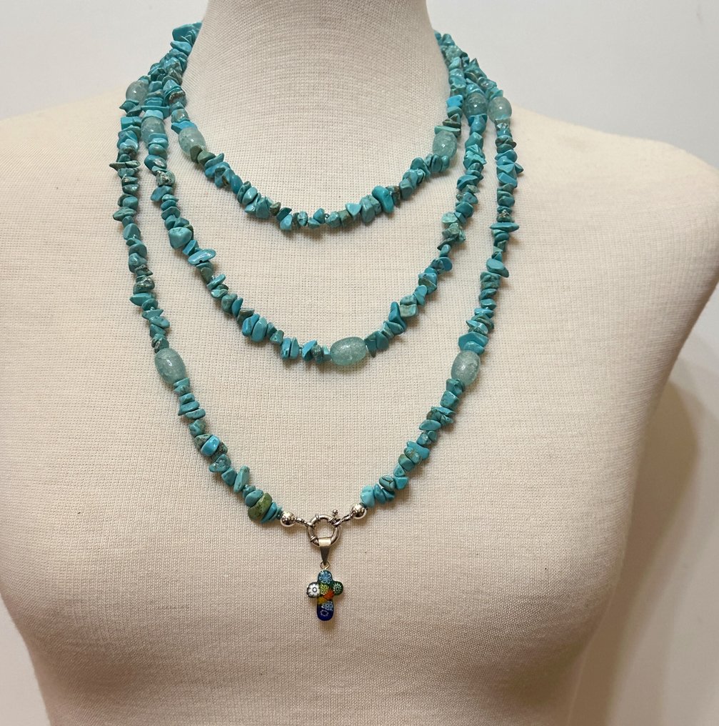 Stabilized turquoise and blue agate with a 925 silver cross and Murano crystal - 2 piece jewellery set - With 925 silver clasp #1.0