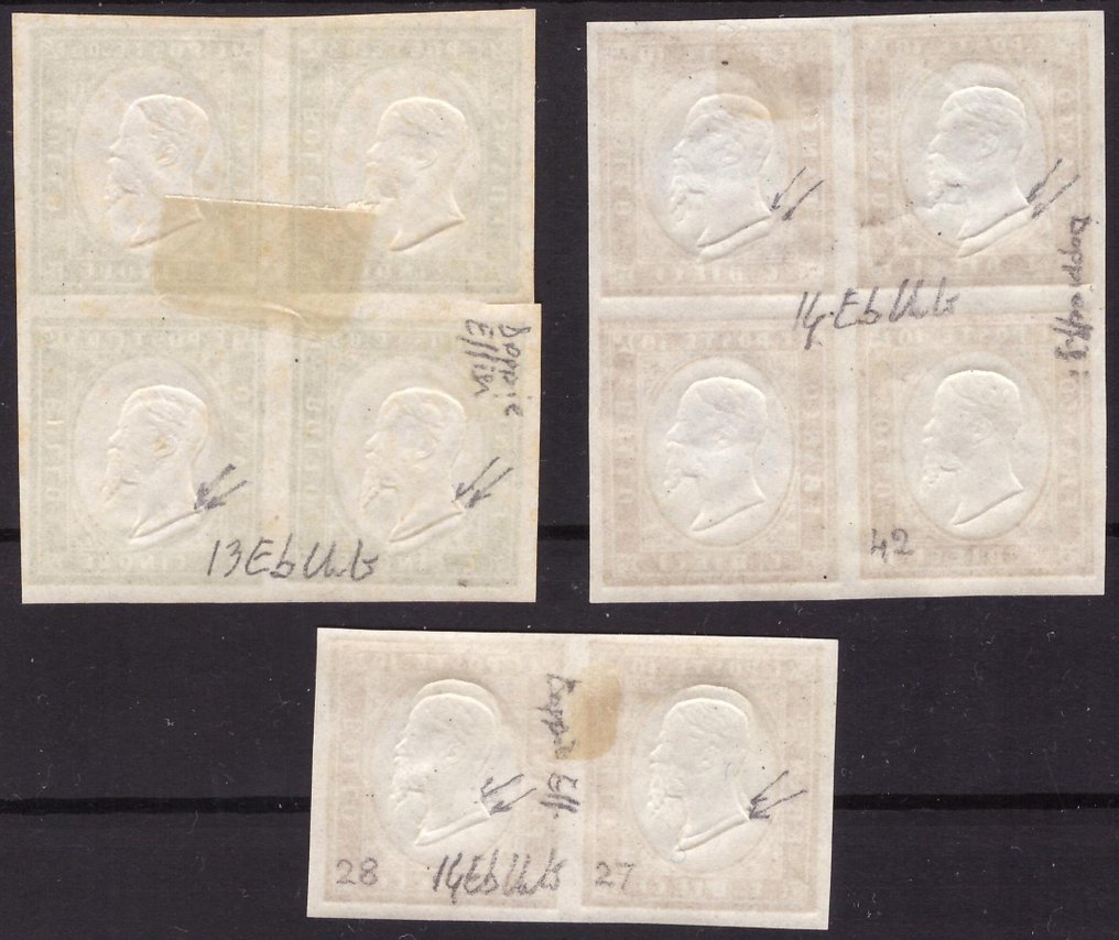 Antigos Estados Italianos - Sardenha 1863 - Lotto com duas quartinas novas e uma dupla, todas com imagens duplas. - Sassone  13Eb 14Eb #1.0