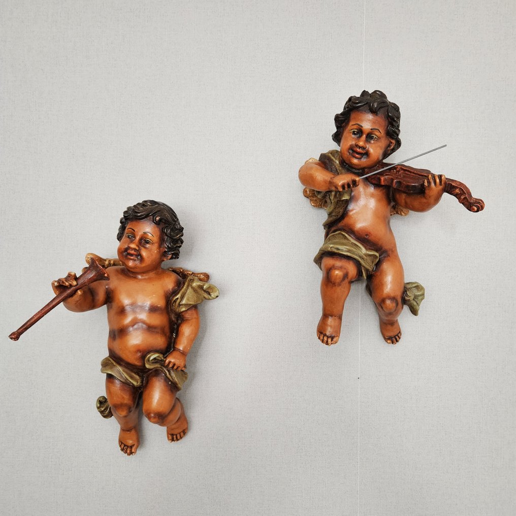 Figurka - Paar Gepolychromeerde Cherubijn - 36 cm - żywica #1.0