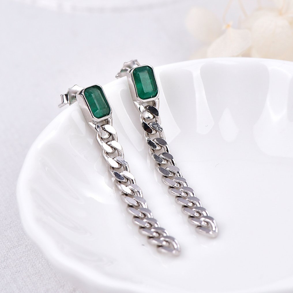 No reserve price - Earrings Silver - Emerald - Certified #1.0