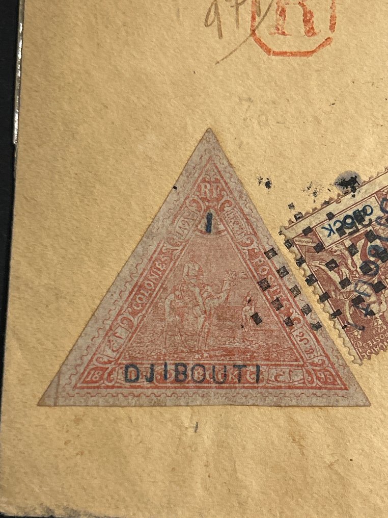 Djibouti 1894 - Unikt poststykke med værdi postzegel Yvert 2019; €1800 - Yvert 2(2x),3,4 op poststuk #1.0