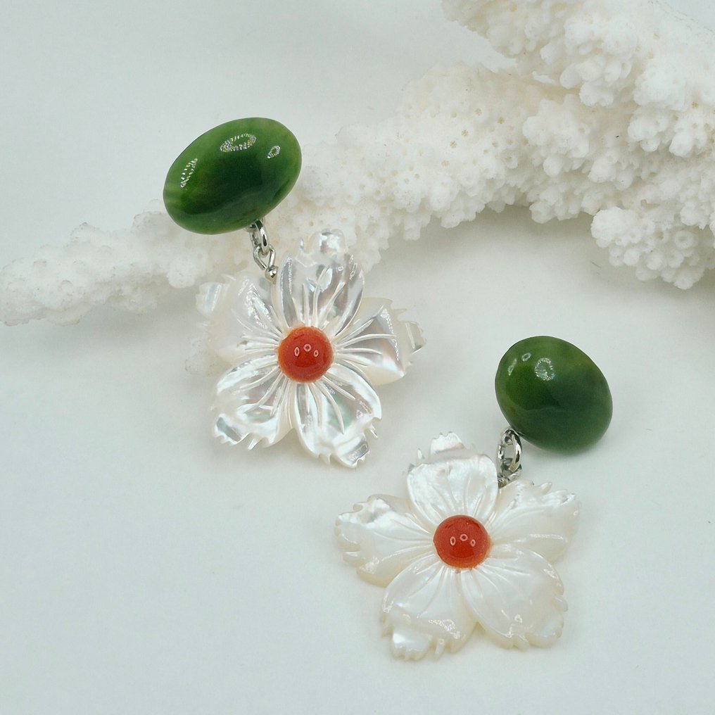 Blodkorall - Silver - Örhängen - MADREPERLA GIADA, CORALLO #1.0