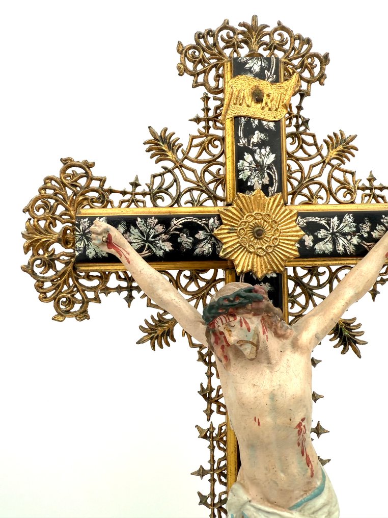 Staty, Antiek kruisbeeld - 45 cm - Trä, Metall, Gips #3.2