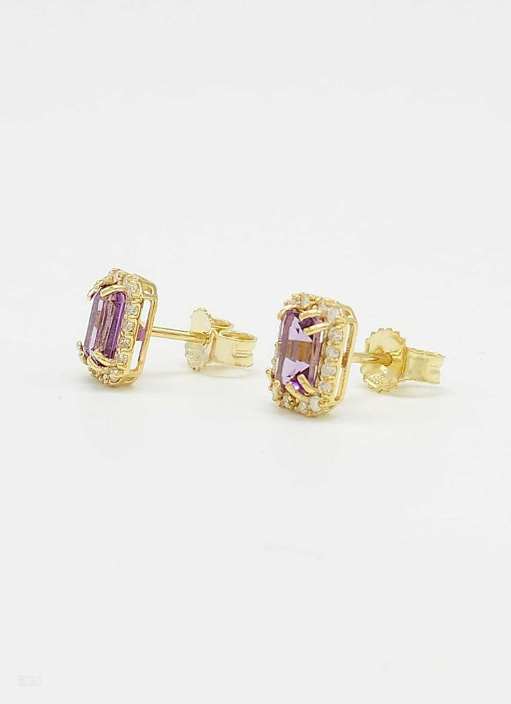χωρίς τιμή ασφαλείας - Σκουλαρίκια - 14 καράτια Κίτρινο χρυσό Αμέθυστος - Διαμάντι #3.2
