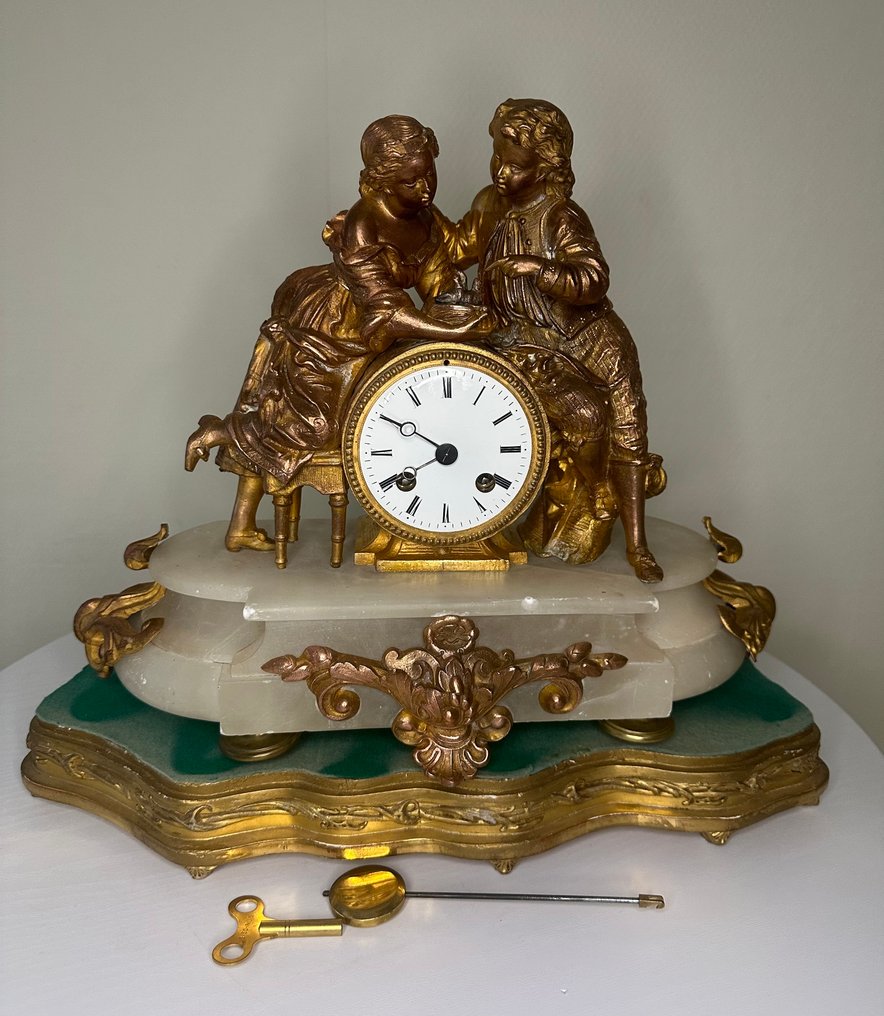 雕像壁爐架座鐘 -  古董 青銅色, 雪花石膏, 粗鋅 - 1850-1900 - 华丽的 'Birds Nest' #1.0