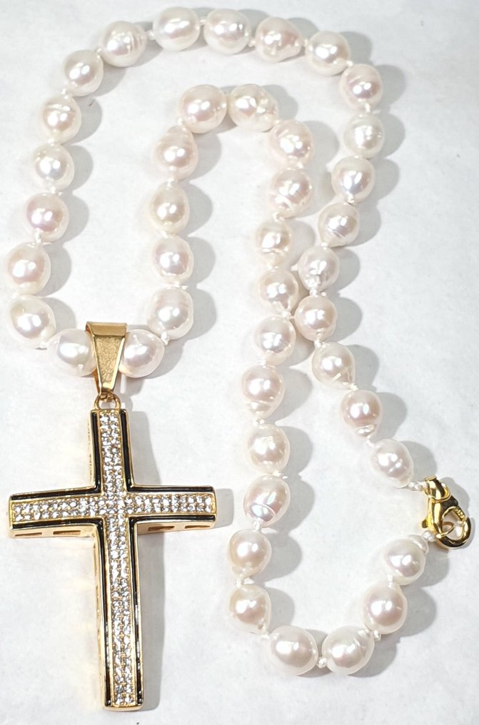 天然淡水珍珠和十字架配以锆石 - 925纯银镀金扣 - 一等品 - 项链 #1.0