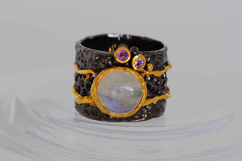 925 银黑色镀铑 - 月光石,紫水晶 - 戒指 #1.0