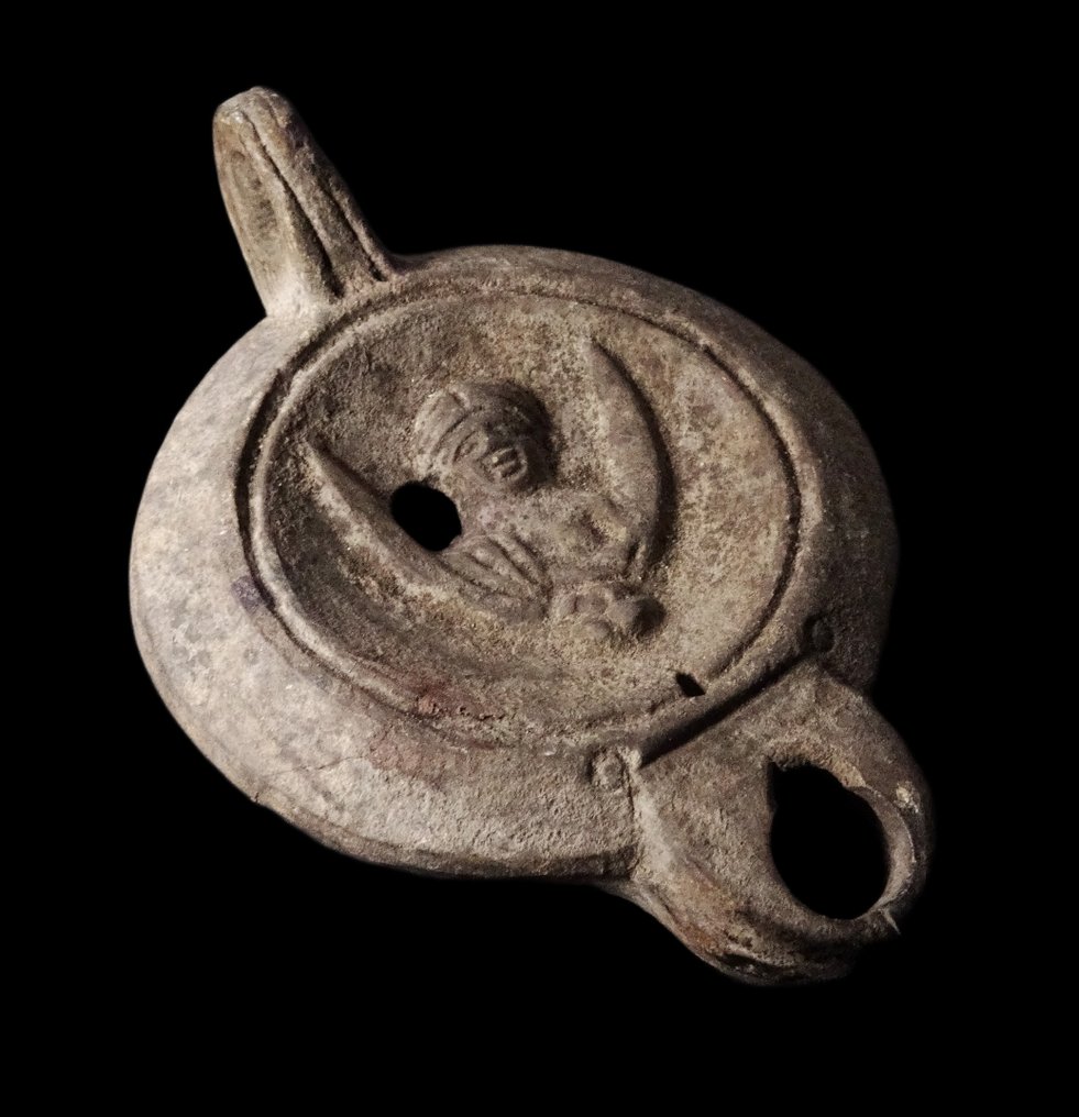 Ancient Roman Oil lamp - Bust of Selene on a crescent - Pottery mark SVRTEPI - 2nd century AD #1.0
