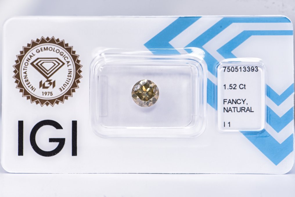 χωρίς τιμή ασφαλείας - 1 pcs Διαμάντι (Φυσικού χρώματος) - 1.52 ct - Στρογγυλό - Fancy Καφετί Κίτρινο - I1 - International Gemological Institute (IGI) - ΒΓ #1.0