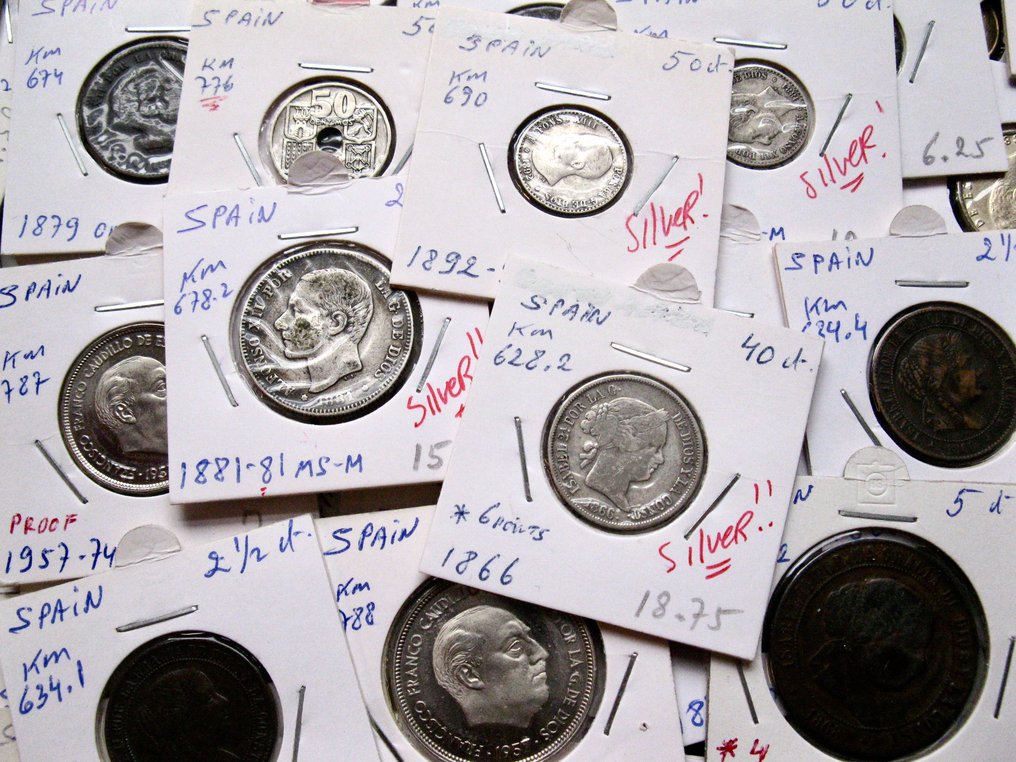 Spanien. 150+ different coins incl. silver 1814-2001 no double coins in the collection (Ingen mindstepris) #1.0