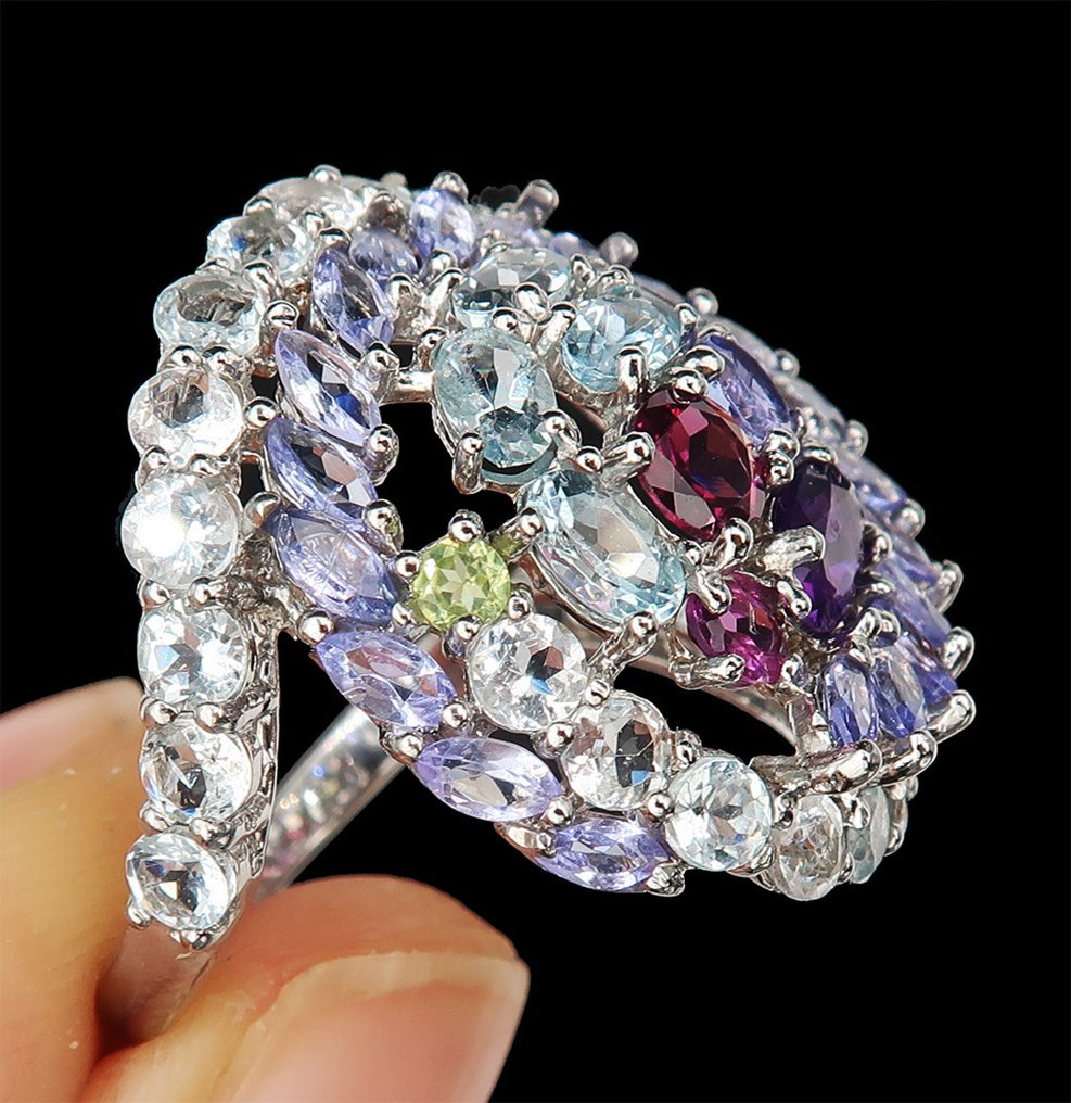 银, 坦桑石与海蓝宝石“珍贵银河”：丰富与和谐 - 925纯银 - 戒指 #4.3