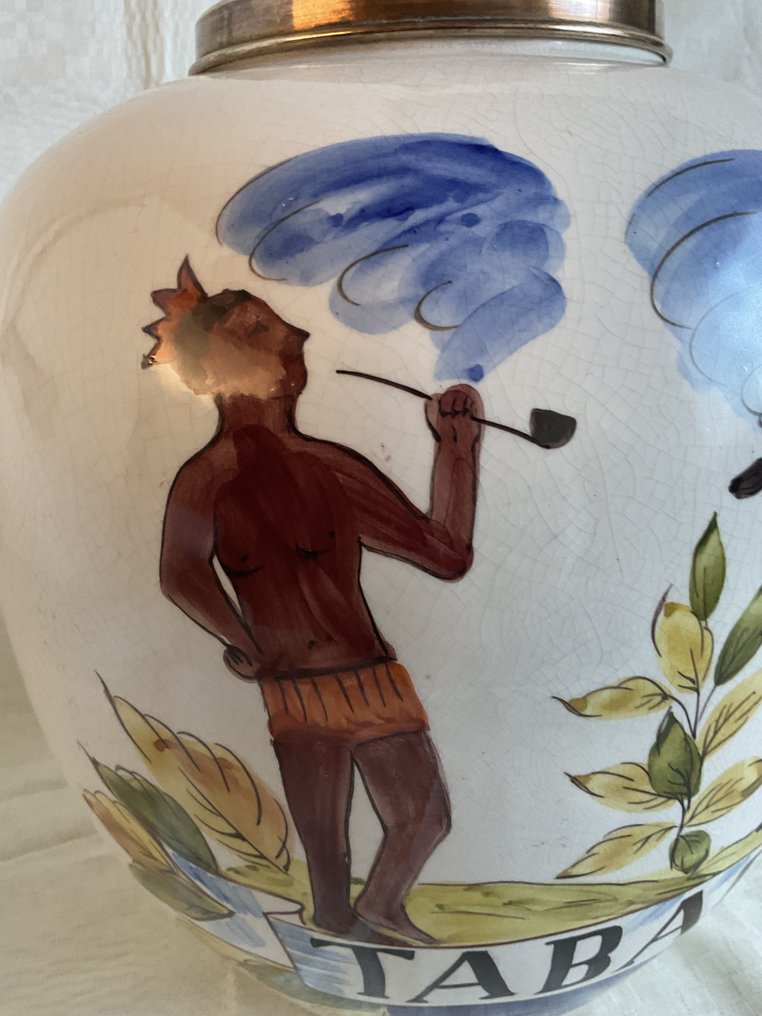香煙瓶 - 大型手绘烟草罐，带铜盖 “TABACK” 37厘米 - 陶器, 瓷器 #4.3