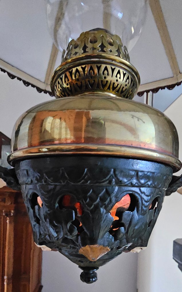 燈 - 銅, 金屬, 玻璃 - 油灯配有牛奶玻璃 #4.3