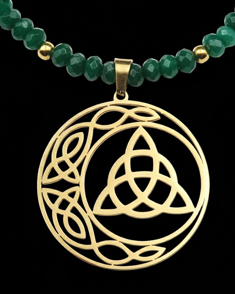 德鲁伊魔法项链与翡翠:凯尔特智慧与三界之钥 - 14K GF黄金扣 - 吊坠项链 #1.0