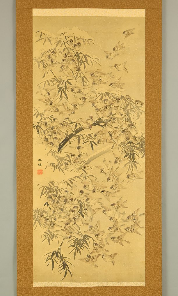 Thousand Sparrows and Bamboo in Snow with Box - Fujii Shorin 藤井松林 (1824-1894) - 日本 - 江戶時代晚期 (沒有保留價) #2.1