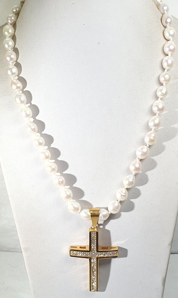 天然淡水珍珠和十字架配以锆石 - 925纯银镀金扣 - 一等品 - 项链 #1.0