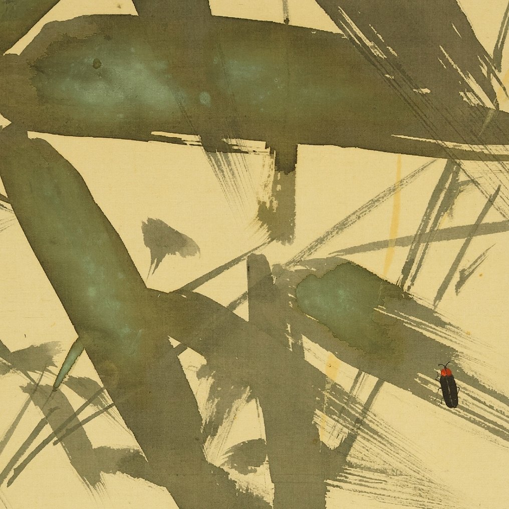 Firefly Perching on Bamboo Leaves with Box - Takeuchi Seiho 竹内栖鳳 (1864-1942) - Japão (Sem preço de reserva) #1.0