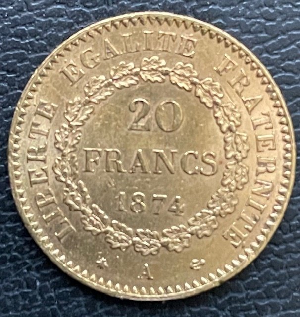 França. III República (1870-1940). 20 Francs 1874-A, Paris #1.0