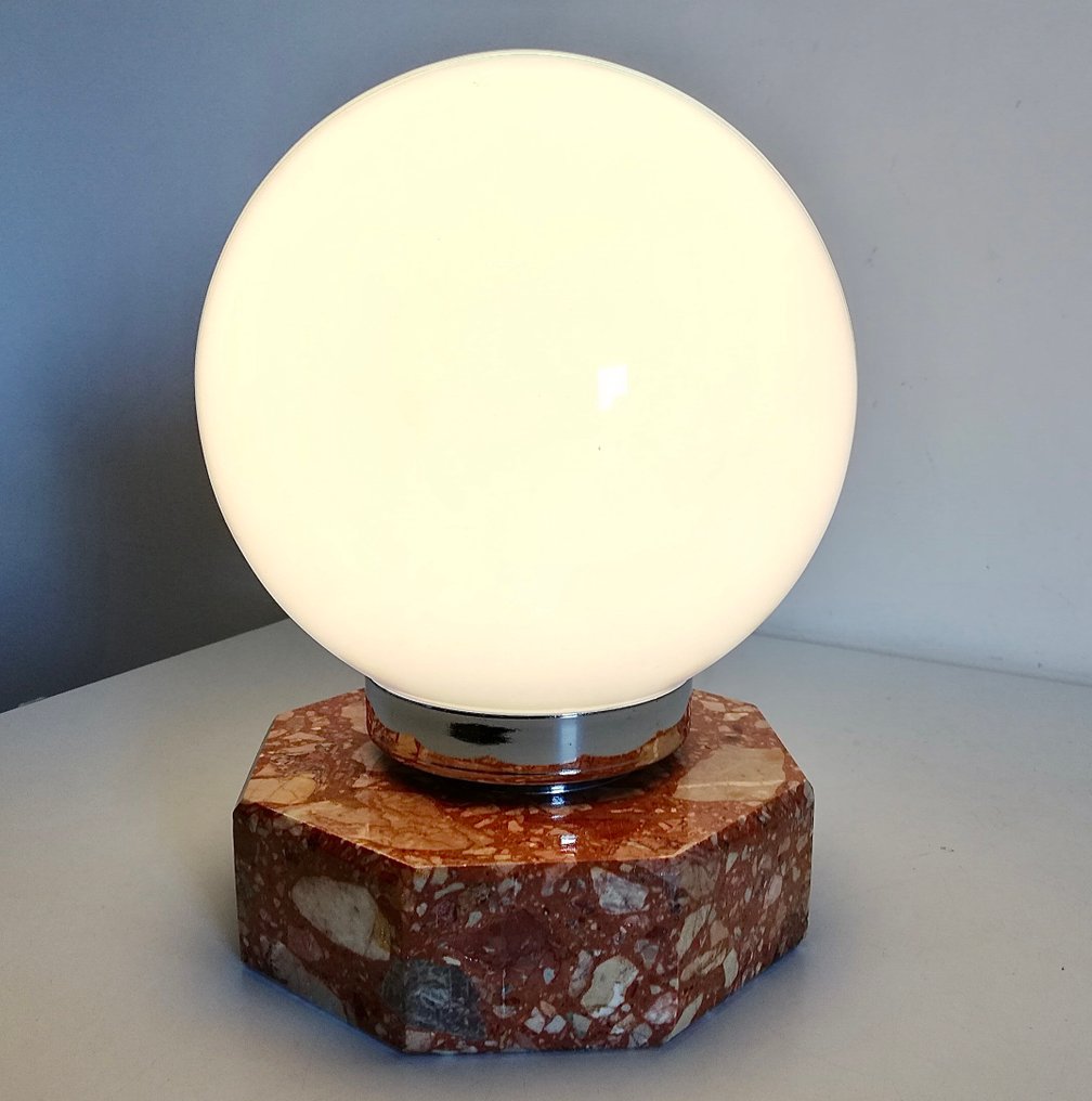 Tischlampe - Design der 1960er - Kaschiertes künstlerisches Glas, Marmor, verchromter Stahl #1.0