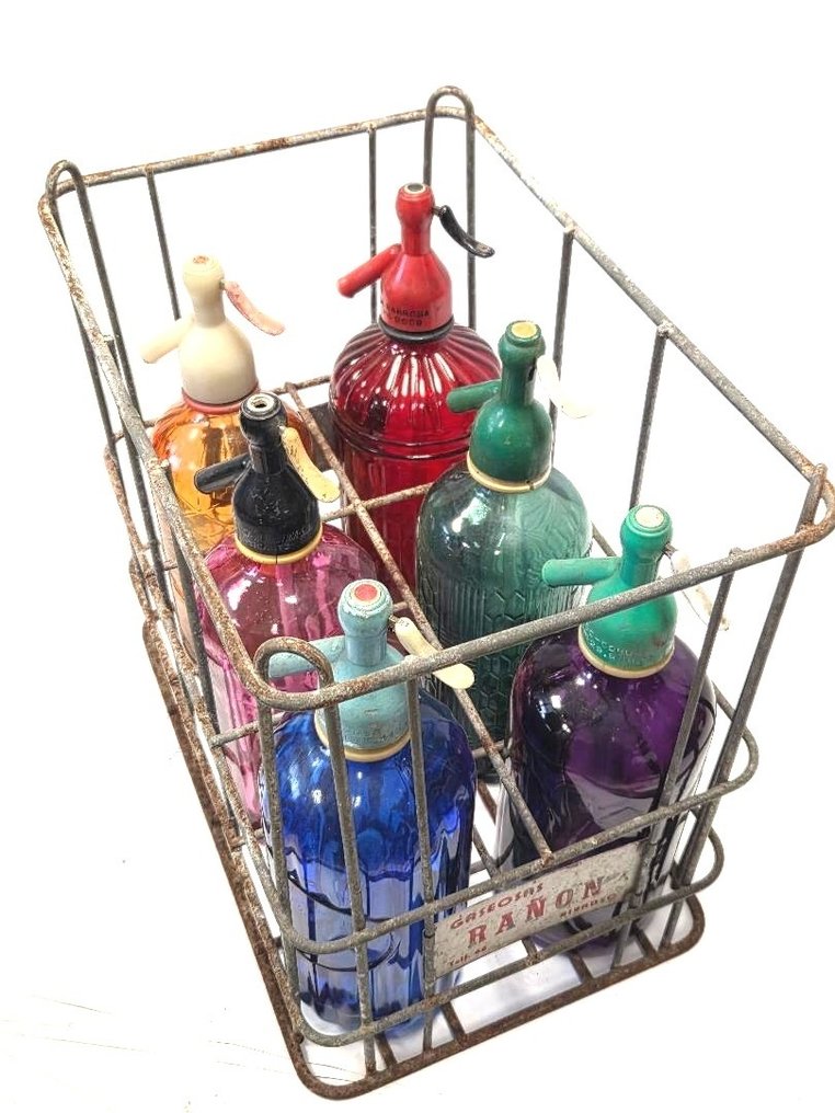 Sifão - Seis sifões vintage e cesta metálica. #1.0