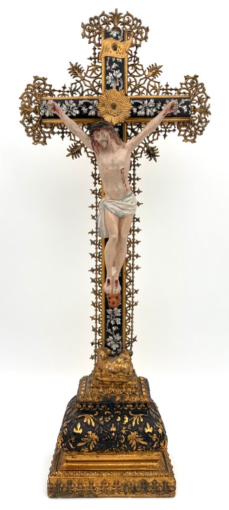 Staty, Antiek kruisbeeld - 45 cm - Trä, Metall, Gips #1.0