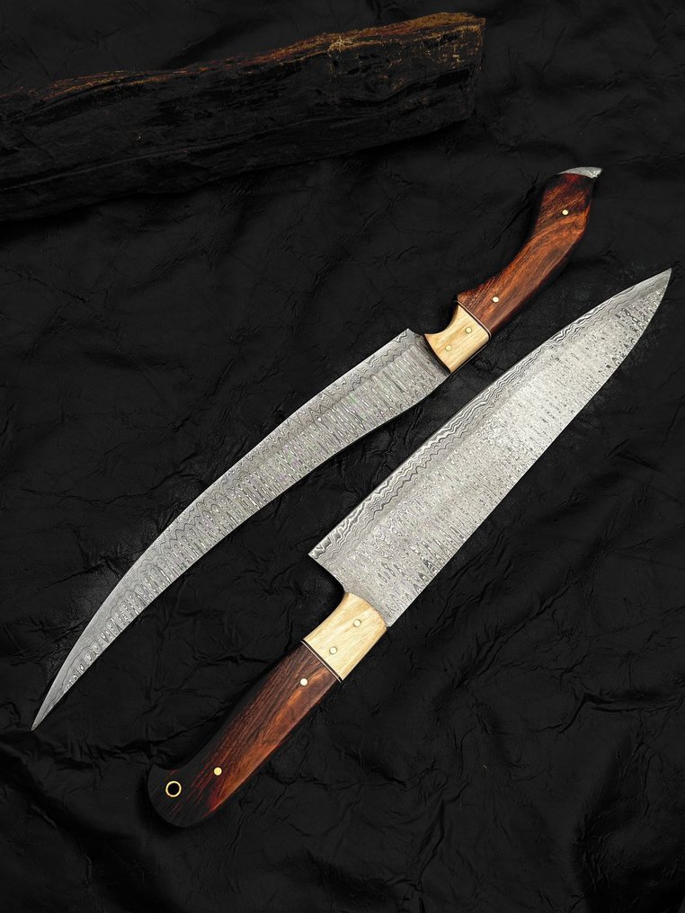 厨刀 -  厨房刀具 - 手工达摩斯刀，厨房刀，片刀，厨师刀 - 天然木材 - 木头 - 亚洲 #2.1