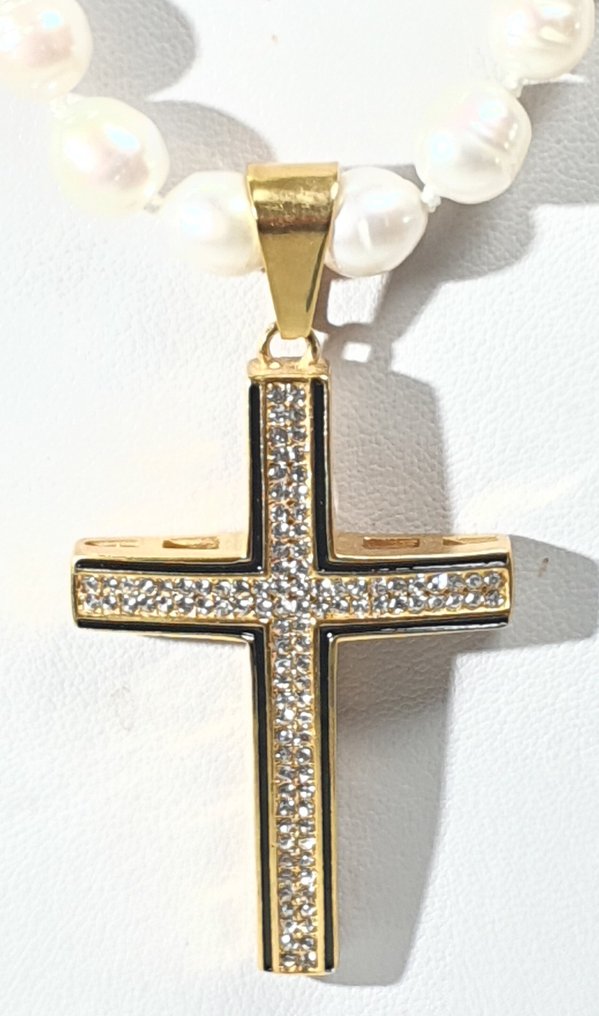 天然淡水珍珠和十字架配以锆石 - 925纯银镀金扣 - 一等品 - 项链 #3.2