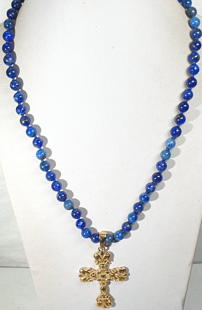 阿富汗天然青金石 AAAA++ 巴洛克十字 - 925银镀金闭合扣 - 頸鏈 #1.0