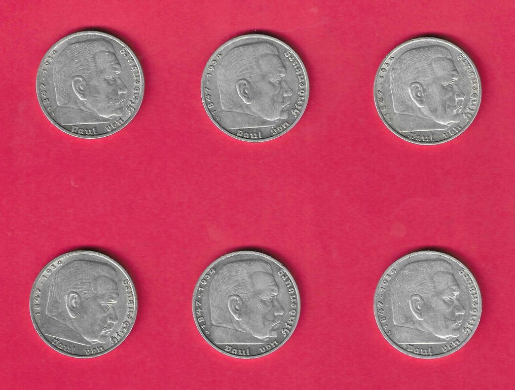 Germany, Third Reich 5 Reichsmark 6x 1935/1936 - Paul von Hindenburg  (χωρίς τιμή ασφαλείας) #1.0