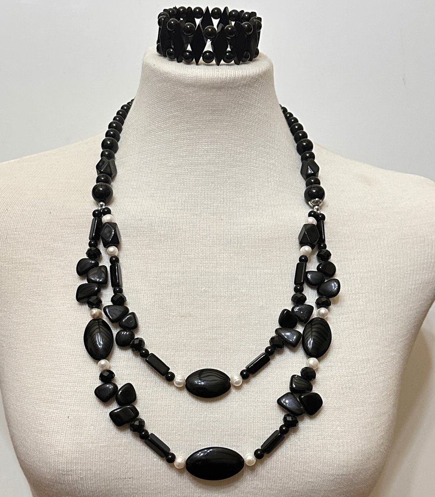 巴西黑玛瑙和天然白珍珠 / 非常罕见 / 950克拉 - 兩件珠寶套裝 - 高品质。银 925 #2.1