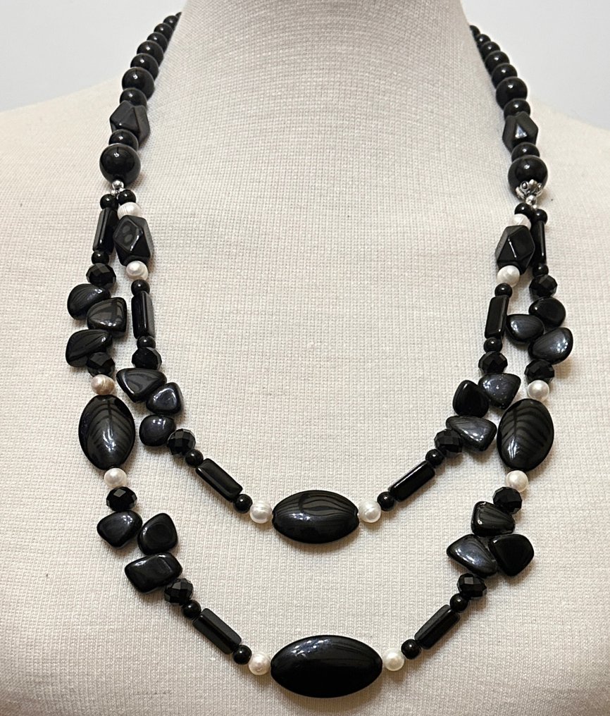 巴西黑玛瑙和天然白珍珠 / 非常罕见 / 950克拉 - 兩件珠寶套裝 - 高品质。银 925 #1.0