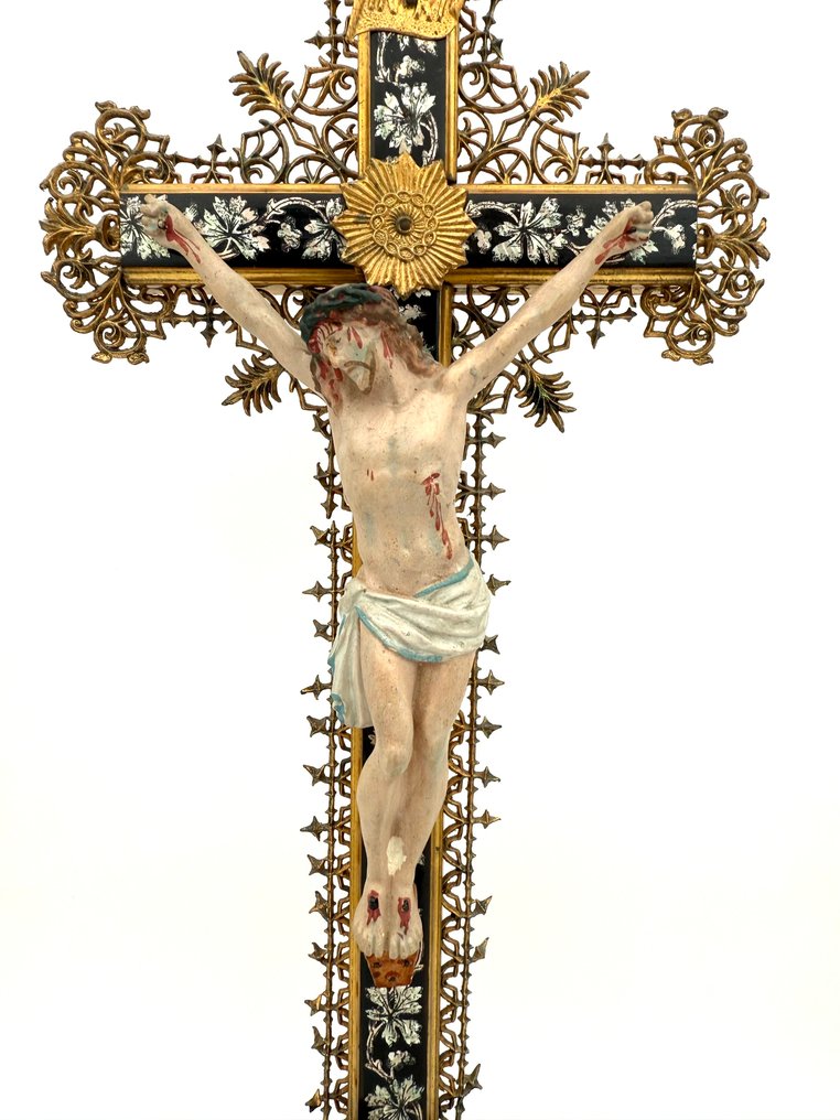 Staty, Antiek kruisbeeld - 45 cm - Trä, Metall, Gips #1.0