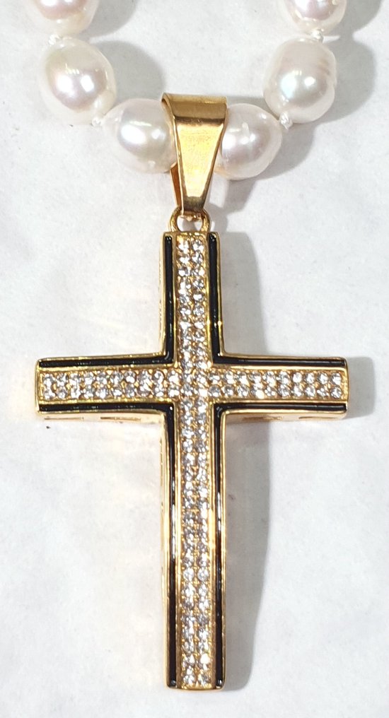 天然淡水珍珠和十字架配以锆石 - 925纯银镀金扣 - 一等品 - 项链 #2.1