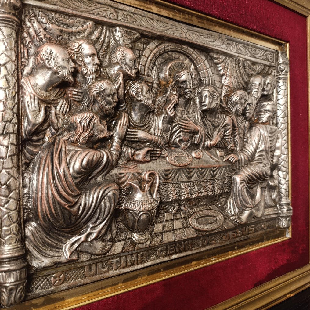 Skulptur, L'ultime cena - 55 cm - Kupfer, Versilbert, Holz #2.1