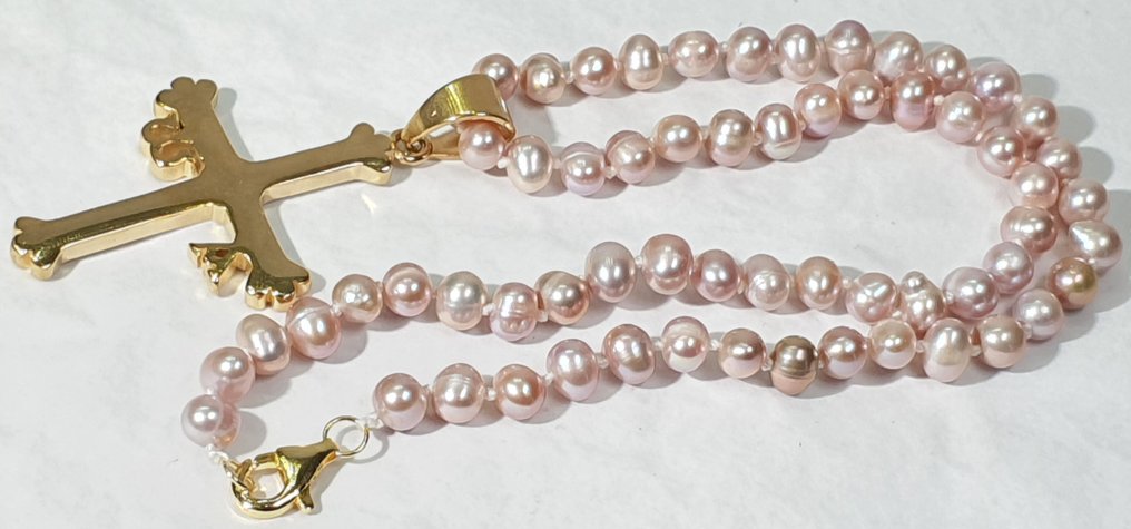 天然淡水粉色珍珠和Cruz XL，镀金，925纯银扣 - 项链 #3.2