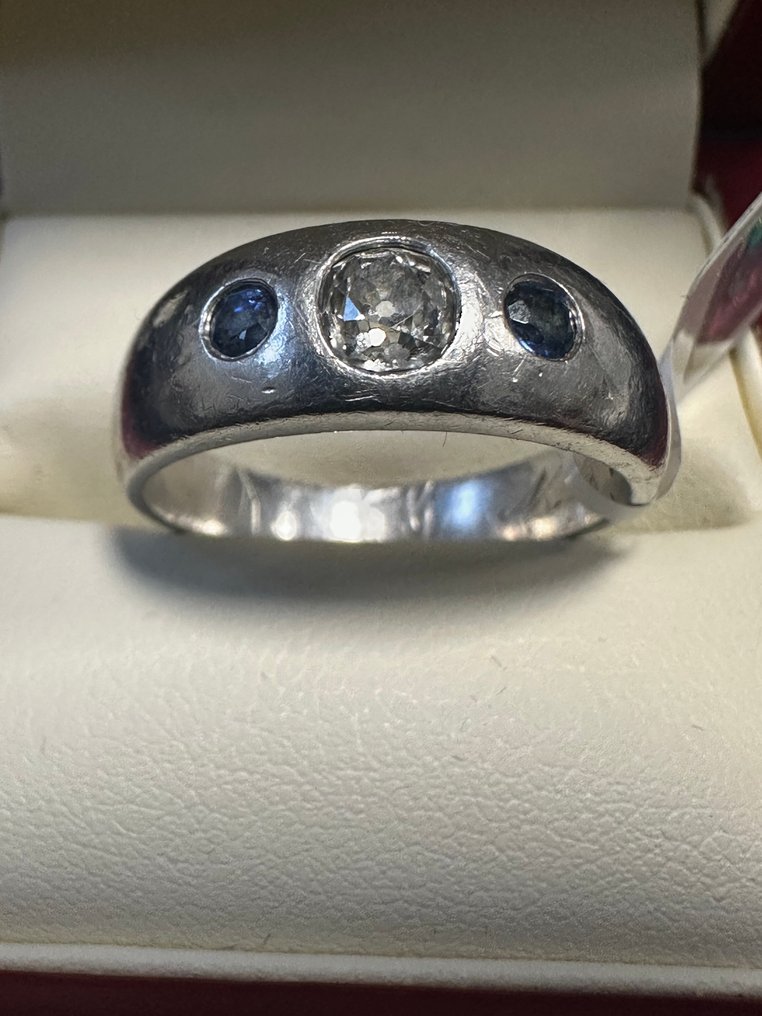 Ring Platinum - 0.85ct. tw. Diamond (Natural) - Sapphire - Vintage platinum ring #1.0