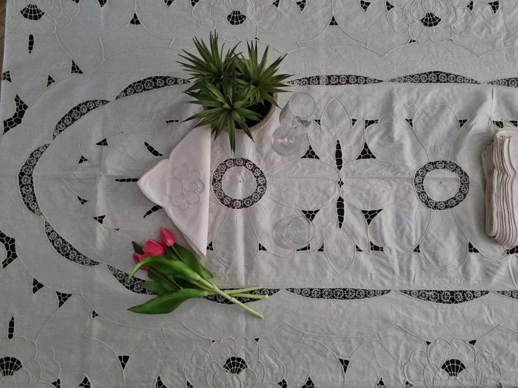 Tovaglia cotone gran misura 18 posti ricamo intaglio ecrù color - Duk  - 400 cm - 175 cm #1.0