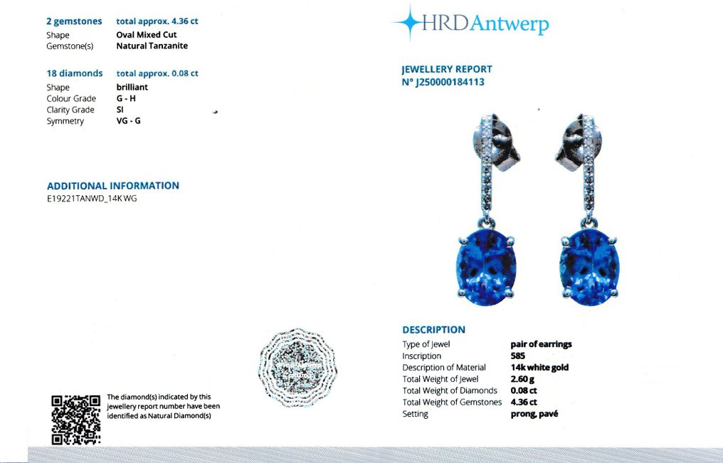 Øreringe - 14 karat Hvidguld -  4.44ct. tw. Tanzanit - Diamant #2.1