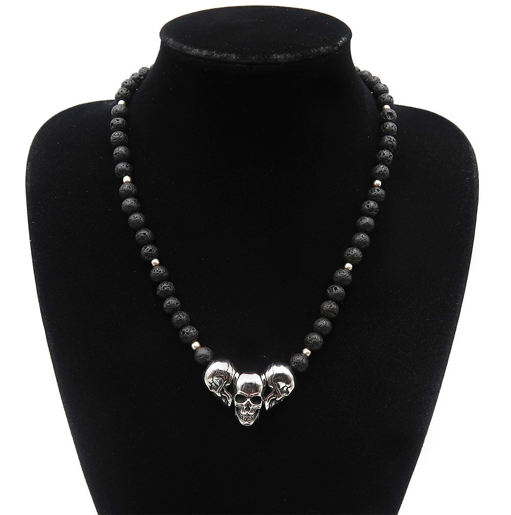 熔岩石 - 3个雕刻骷髅 - 生命之记 - 不朽的力量 - 925纯银扣 - 吊坠项链 #4.3