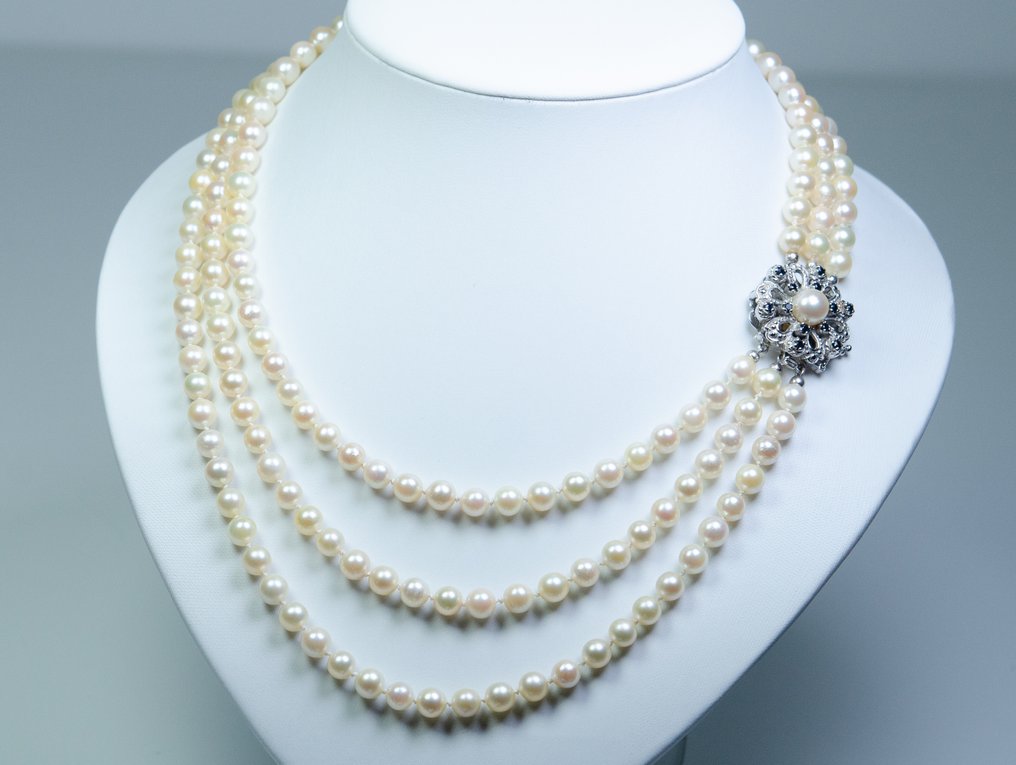 Sem preço de reserva - Colar - 835 Silber - Pérolas Akoya - 0,50 ct Safira - tripla fileira #1.0