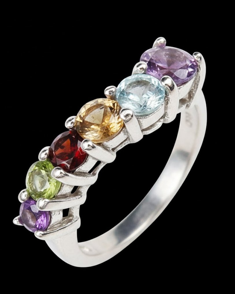 紫水晶 - 銀, 戒指“圣彩虹”联盟：七个脉轮的和谐与喜悦 - 925纯银 - 戒指 #1.0