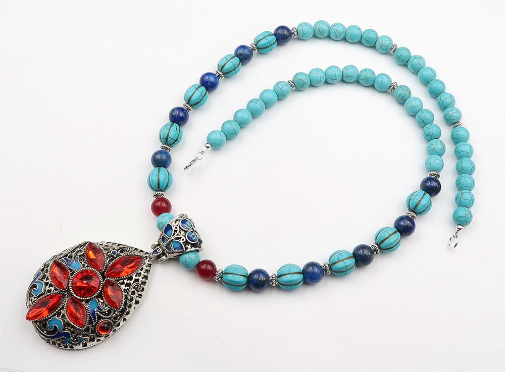 青金石 - 红宝石 - 海蓝宝石绿松石 - 佛教冥想项链 - 驱除负能量 - 银色扣环 - 吊坠项链 #3.2