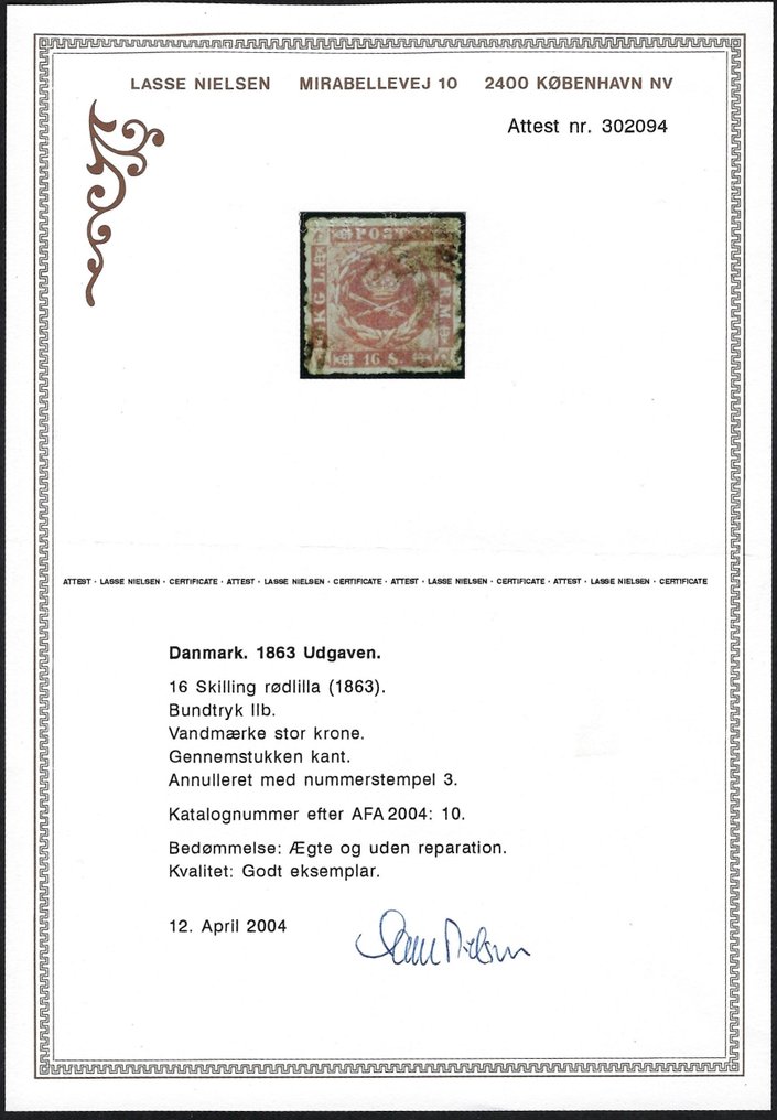 Dinamarca 1854/1864 - Escudo de armas 16sk lila - con certificado Nielsen - Nº 7 #2.1