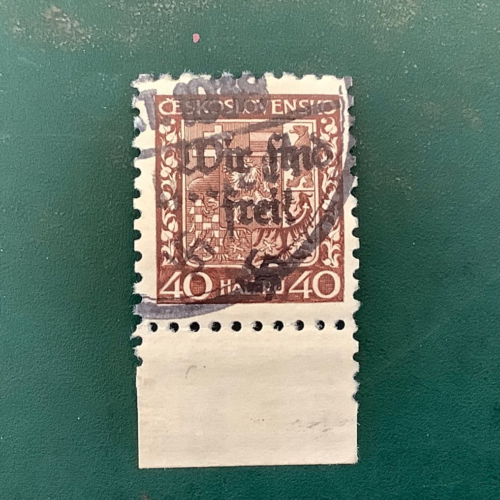 波希米亚和摩拉维亚 1938 - Reichenberg：40赫勒邮票，印有‘我们自由’，照片证书，已发行10枚邮票。 - Michel 16a #1.0