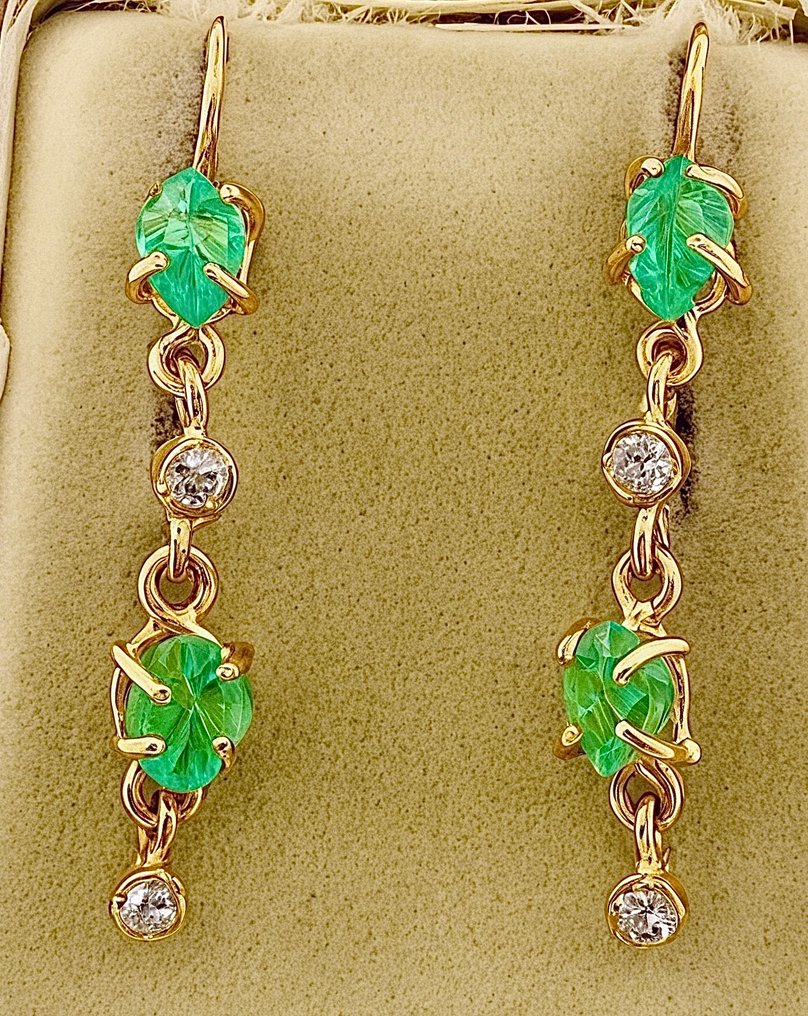 Sans prix de réserve - Boucles d'oreilles - 9 carats Or jaune Émeraude - Diamant #1.0