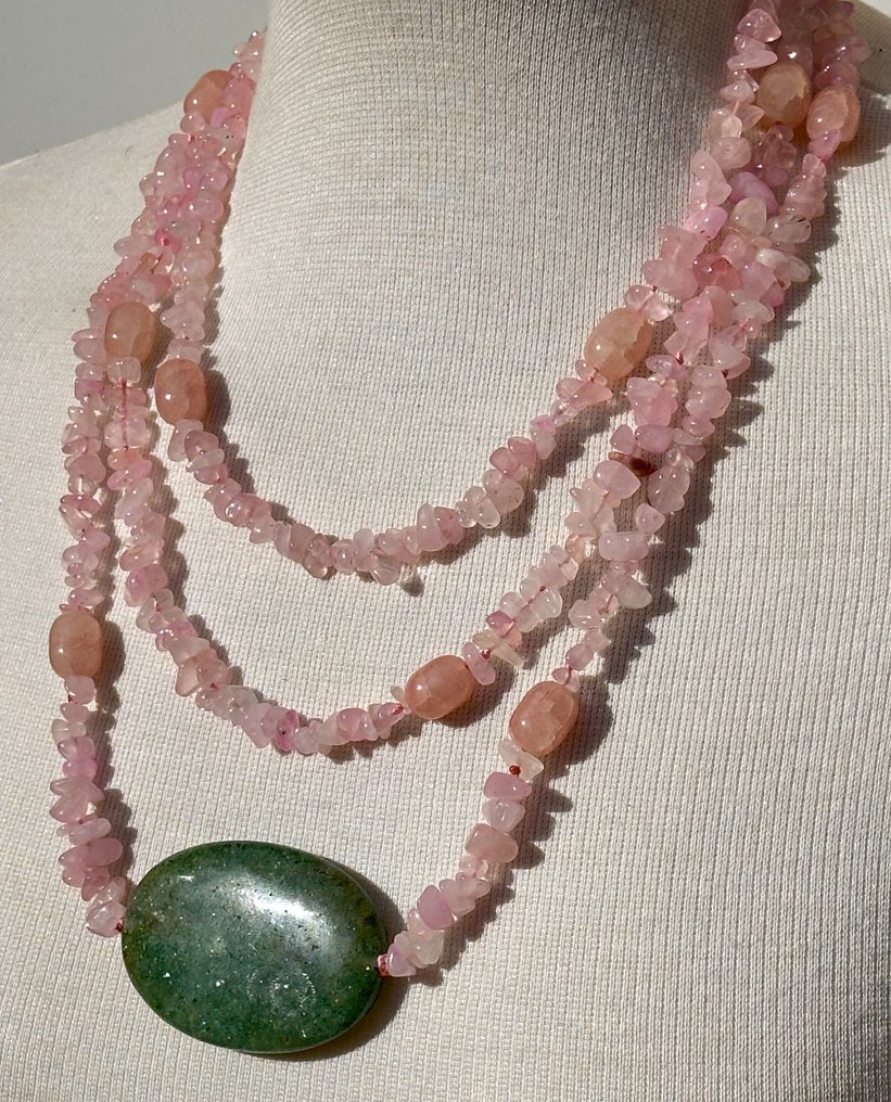 Rozenkwarts en Braziliaanse Agaat met Groene Aventurijn (59 x 40 mm) / 162 cm. Zeer lang. - Halsketting - Hoge kwaliteit. Plata 925 #1.0