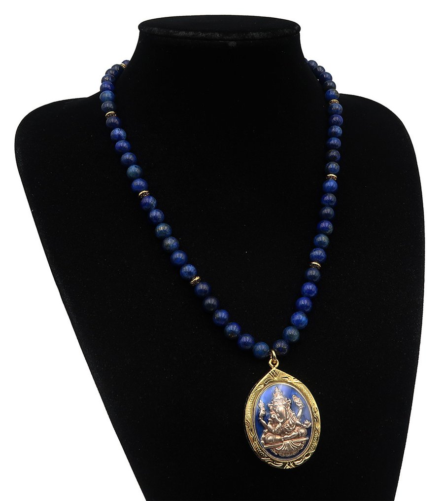 青金石 - 佛教项链 - 圣物盒 - 天神Ganesh - 消除障碍 - 14k镀金扣 - 项链 #2.1