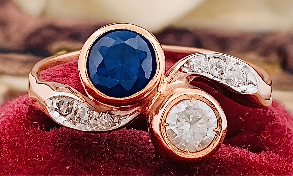 χωρίς τιμή ασφαλείας - Δαχτυλίδι - 9 kt. Ροζ χρυσό, Ασημί Διαμάντι (Φυσικό)  - Ζαφείρι #1.0